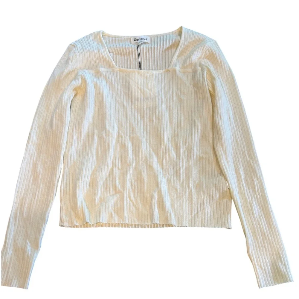 &merci Womens Cream White Ribbed Knit Square Neck Long Sleeve Top Size M NWT